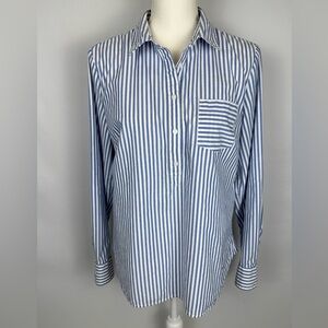 Tommy Hilfiger Popover Blouse Long Sleeves Blue White Pinstripes Cotton Medium